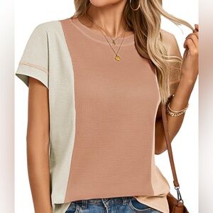 Kate Kasin Short Sleeve Waffle Knit Shirt T-Shirt Khaki Loose Tee Blouse
